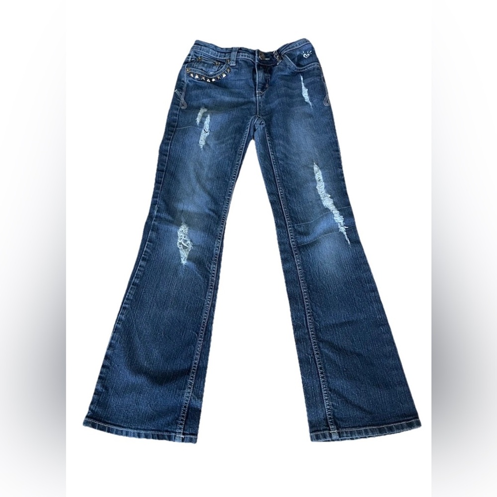 Girls Justice sz 12S  Blue Flared Jeans with studded pocket detail distressing